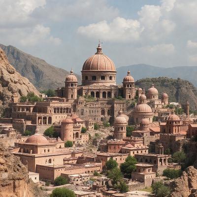 The primary subject of the image is a large, old city with a mix of red and brown buildings. The city is situated on a hillside, and the buildings are arranged in a way that creates a visually appealing and historic atmosphere. The setting is a combination of the city's architecture and the natural landscape, with mountains visible in the background. The visual style of the image is a blend of photo and digital art, creating a realistic yet artistic representation of the city. The colors and mood of the image are warm